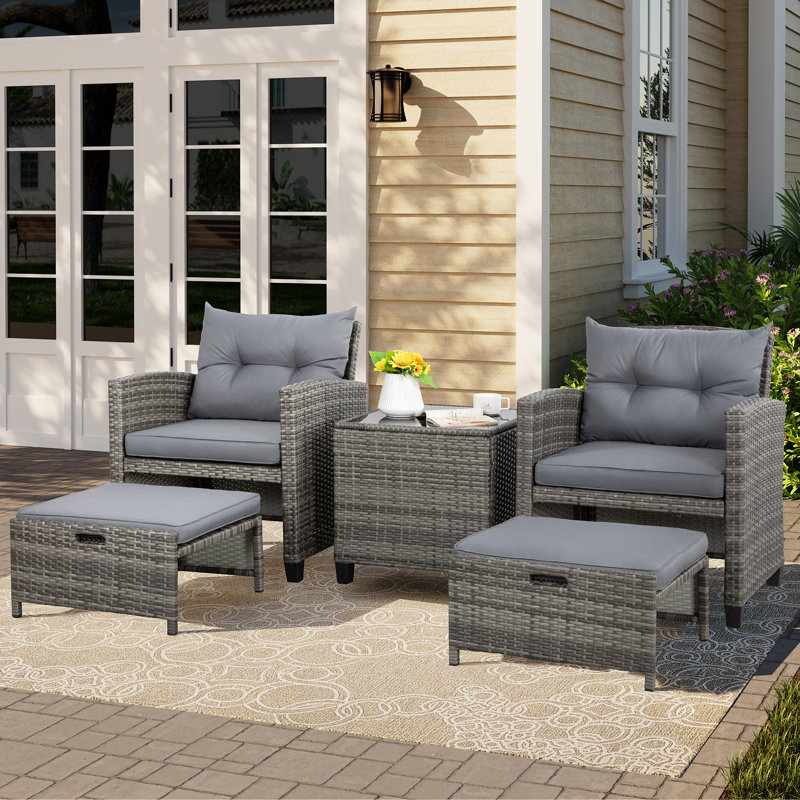 Freeport Park® Maddox 5 Piece Rattan Lounge Dining with Cushions